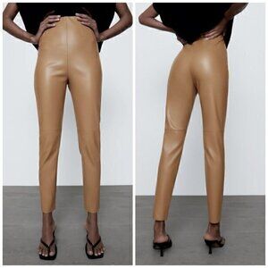 Zara Faux Leather High Waisted Ankle Zip Leggings in Camel Brown Size XS NWT